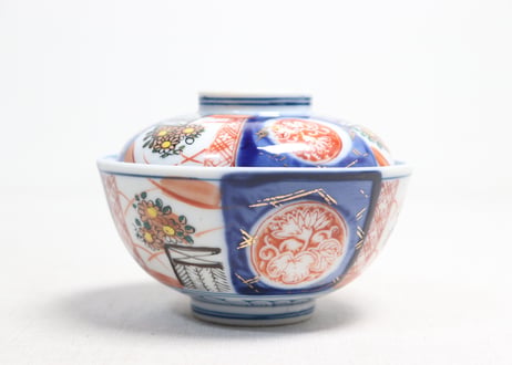大正～昭和戦前ゴム判色絵菊図蓋茶碗