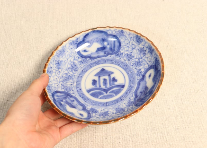 明治前期染付三方に山水窓絵と萩唐草図イゲ縁通り物なます皿