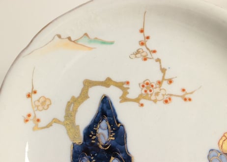 明治前期色絵梅と福寿草図6寸皿 ノミホツ