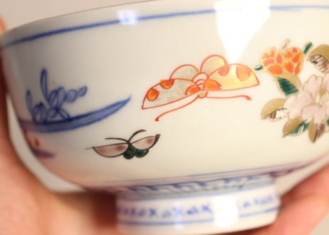 明治前期色絵牡丹と扇に春蘭図蒸茶碗② 少甘手