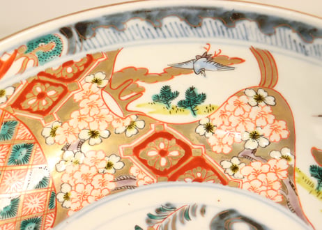 明治前期色絵牡丹と桜に鶴図7寸鉢