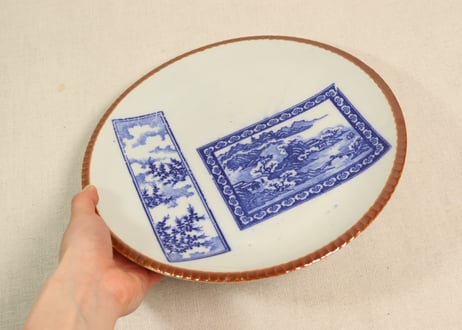 明治後期~大正銅判山水と萩図窓絵9寸イゲ皿①