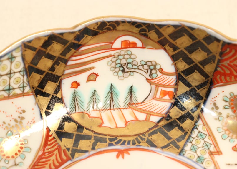 明治前期色絵桃と山水に菊図通り物なます皿①5客組 1客少甘手