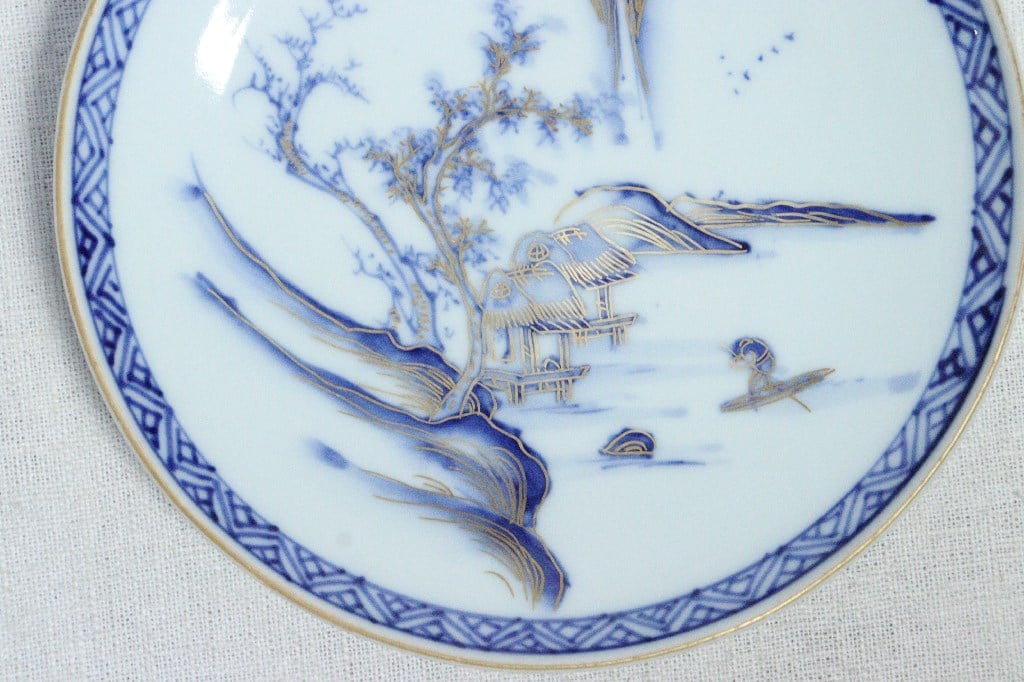 1277 九谷焼染付山水風景図皿5客時代物