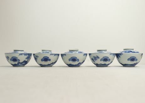 江戸幕末染付竹林雀図蓋茶碗　5客組