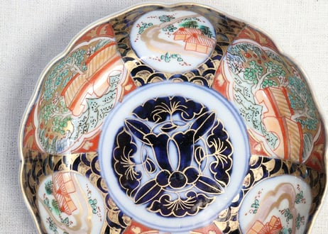 明治前期色絵山水風景と青海波図なます皿①