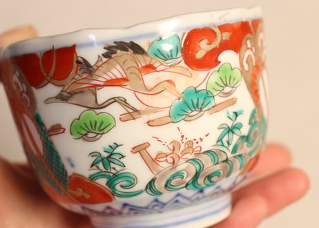 明治前期色絵軍配と鶴松図通り物向付