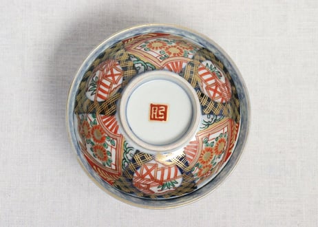 明治前期色絵扇面に菊図通り物飯茶碗