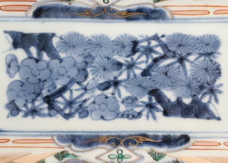 【金継ぎ用】江戸中期色絵松竹梅に杉図長皿 ホツ