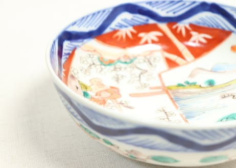 明治前期色絵山水と花鳥図割絵5寸鉢