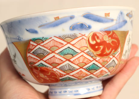 明治前期色絵柴垣に梅と龍図通り物飯茶碗