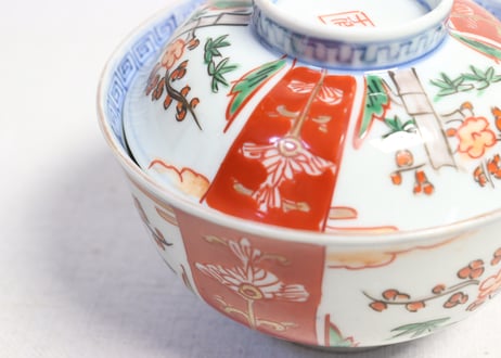 明治前期色絵三方に竹梅図通り物飯茶碗