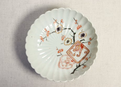 江戸中期赤絵金彩梅と龍図菊花型なます皿 5客組　1客ノミホツ