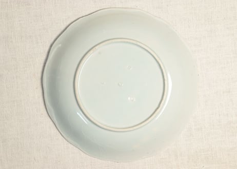 江戸幕末染付山水と扇面図7寸皿少甘手,ノミホツ,少かたつき