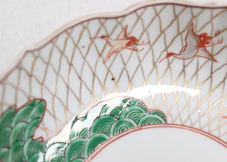 明治前期色絵網手に鶴と梅に鶯図通り物なます皿