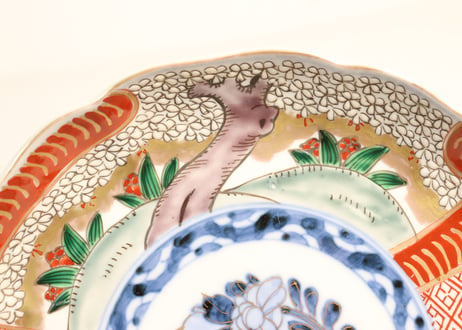 明治前期色絵桜に万年青図通り物7寸皿①