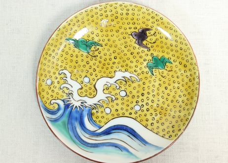 明治後期～大正九谷焼色絵波千鳥図5寸皿5客組　1客釉剥げ