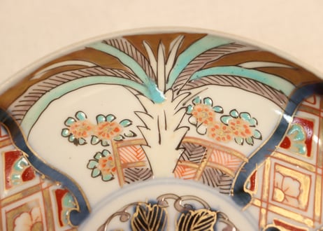 明治前期色絵三方に芭蕉と菊図5寸皿