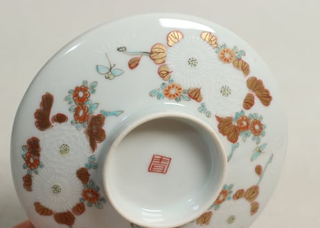 明治前期色絵三方菊図通り物蒸茶碗