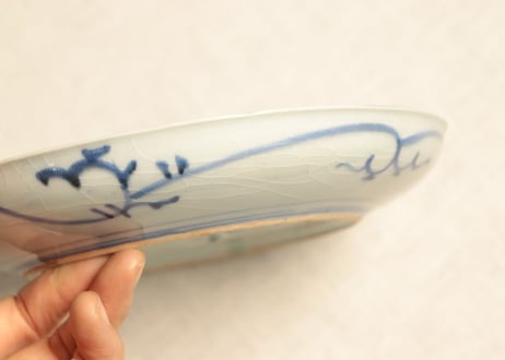 江戸中期染付流水に水草図6寸皿 少甘手