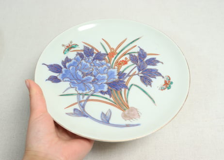 明治後期～大正銅判色絵牡丹と水仙図７寸皿①