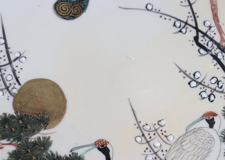 明治後期~大正九谷焼色絵松鶴図8寸皿