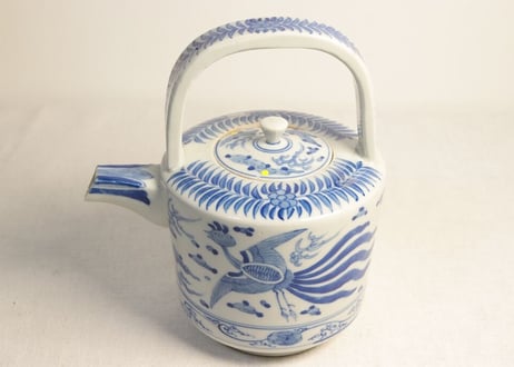 明治前期染付鳳凰図銚子 共箱付き,2ｐセット/ニュウ,蓋小ホツ複数