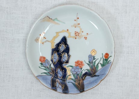 明治前期色絵梅と福寿草図5.5寸皿