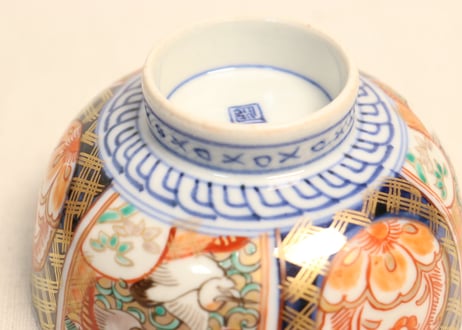 明治前期色絵桃と鶴図通り物蒸茶碗①