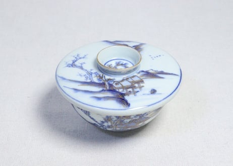 明治前期九谷焼金彩染付山水図通り物蒸茶碗