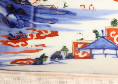 明治前期色絵山水図長角皿② 釉剥げ