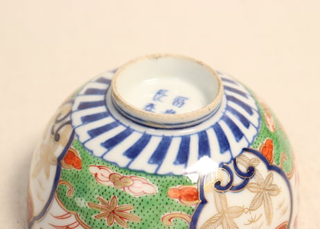 明治前期色絵若松と牡丹図飯茶碗
