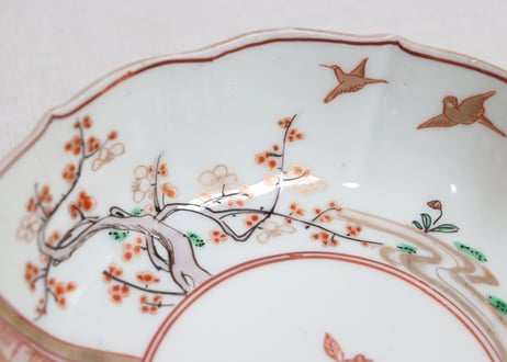 明治前期色絵網手に鶴と梅に鶯図通り物なます皿