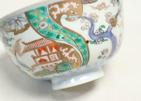 明治前期色絵鶴と松竹梅図通り物飯茶碗