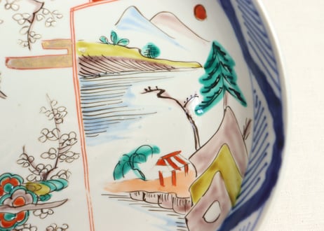 明治前期色絵山水と花鳥図割絵7寸鉢