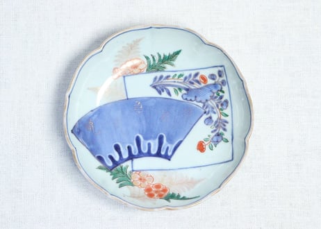 江戸中期色絵扇面に牡丹と羊歯図なます皿　5客組　１客高台ホツ