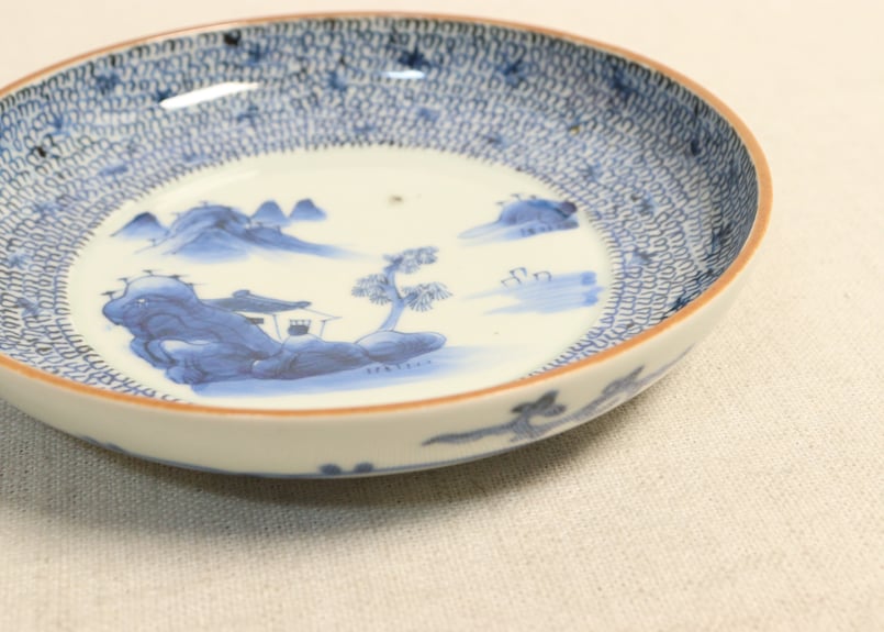 和食器　古染付　山水人物文　末広向付　五客　在銘　共箱　V　7503A 和食器 古染付 山水人物文 末広向付 五客 在銘 共