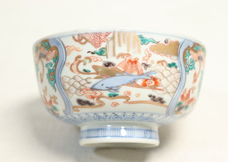 明治前期色絵三方鮎図蒸茶碗