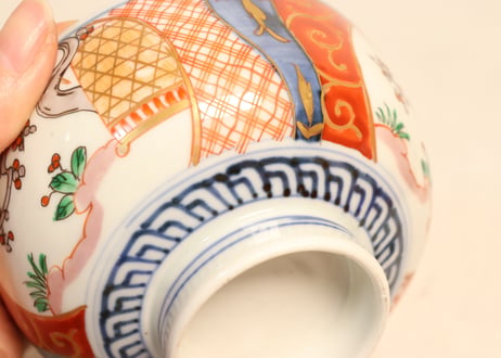 明治前期色絵梅と鶯に鳥籠図通り物蒸茶碗①