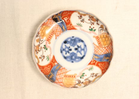 明治前期色絵梅と鶯に鳥籠図通り物小皿