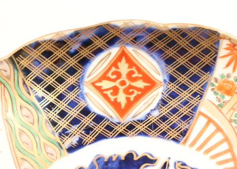 明治前期色絵扇面に竹と牡丹図8寸皿