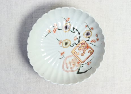 江戸中期赤絵金彩梅と龍図菊花型なます皿 5客組　1客ノミホツ