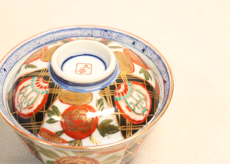 大正～昭和戦前九谷焼色絵三方に牡丹図飯茶碗