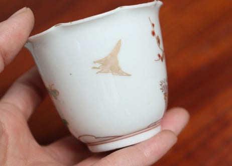 江戸中期色絵芝垣に梅と鶯図輪花向付 五客組 1ヶノミホツ