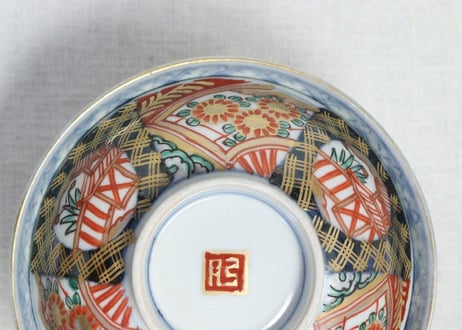 明治前期色絵扇面に菊図通り物飯茶碗