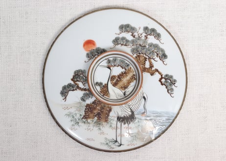 明治前期九谷焼色絵松鶴図通り物蒸茶碗