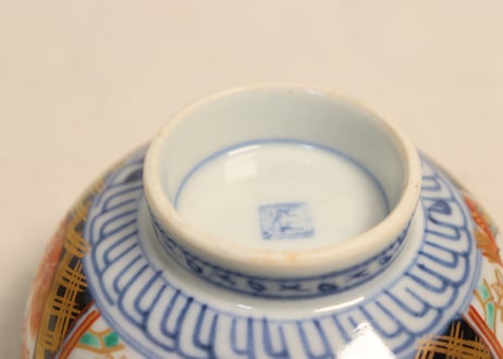 明治前期色絵桃と鶴図通り物飯茶碗