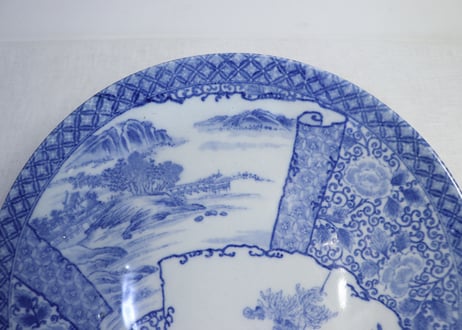 明治後期~大正銅判山水と菊と牡丹図大皿 高台ひっつき