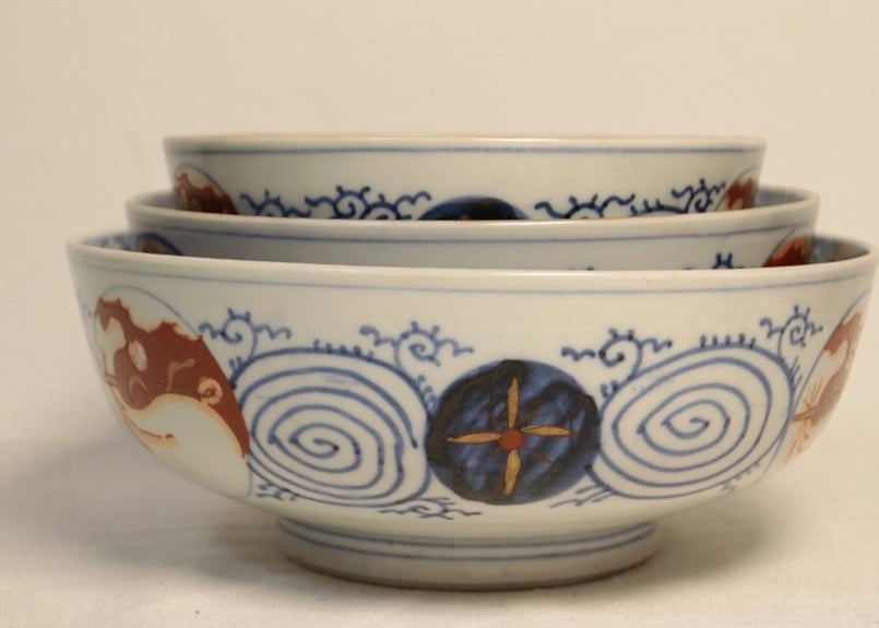 明治前期色絵六方に梅と山水図三つ組鉢 | 吉祥寺PukuPuku