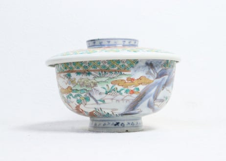 明治前期色絵山水と花鳥図蒸茶碗